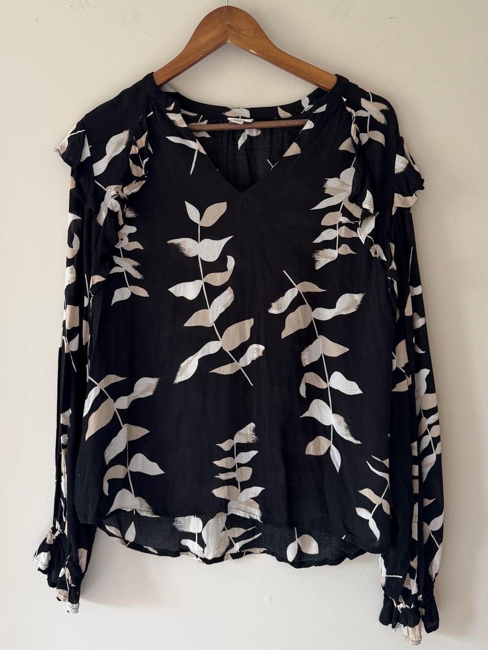 a new day Black Blouse with Cream Leaf Print Ruffle Details Size Medium